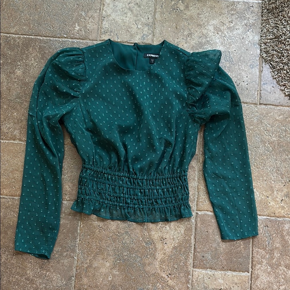 Express Green Smocked Blouse with Mandarin Collar